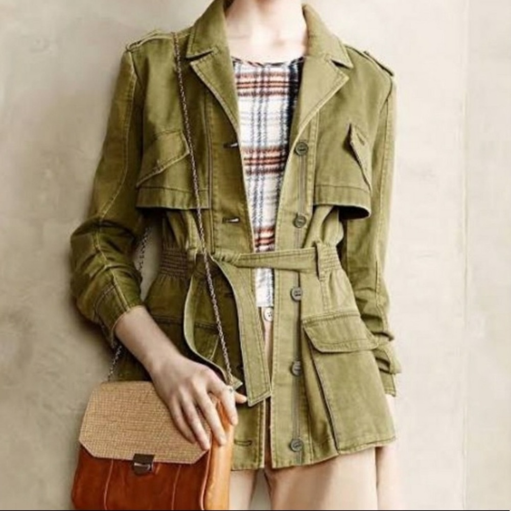 100% Cotton Anthropologie Hei Hei Military Green Ruffle Back Belted Jacket